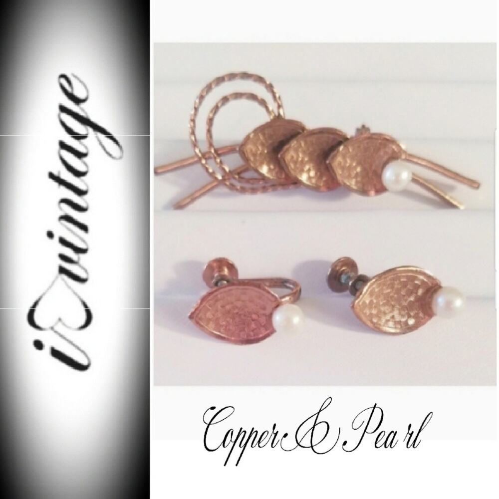 Vtg Coppercraft Copper Cultured Pearl Brooch & Earrings Set Screw Back Art Deco
